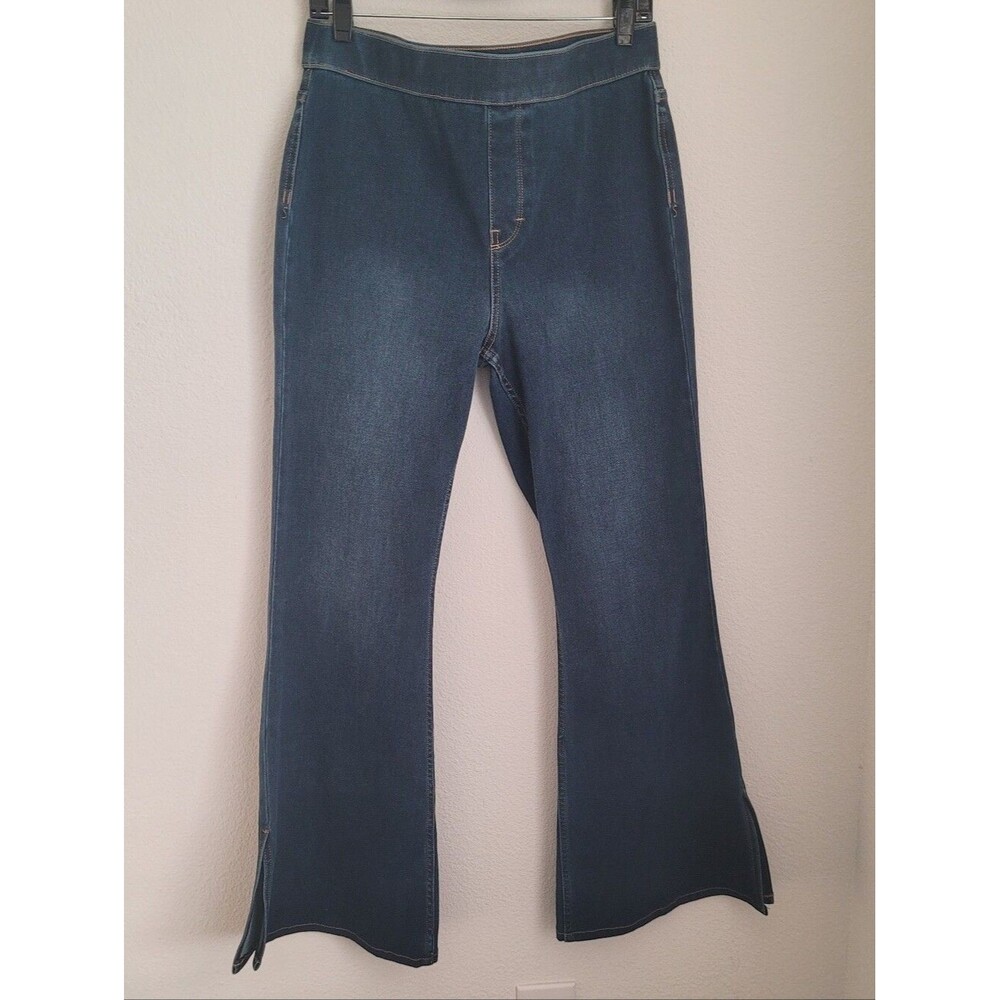Soft Surroundings Pull-On Flare Jeans Side Slit Ankle Medium Dark Wash Stretch